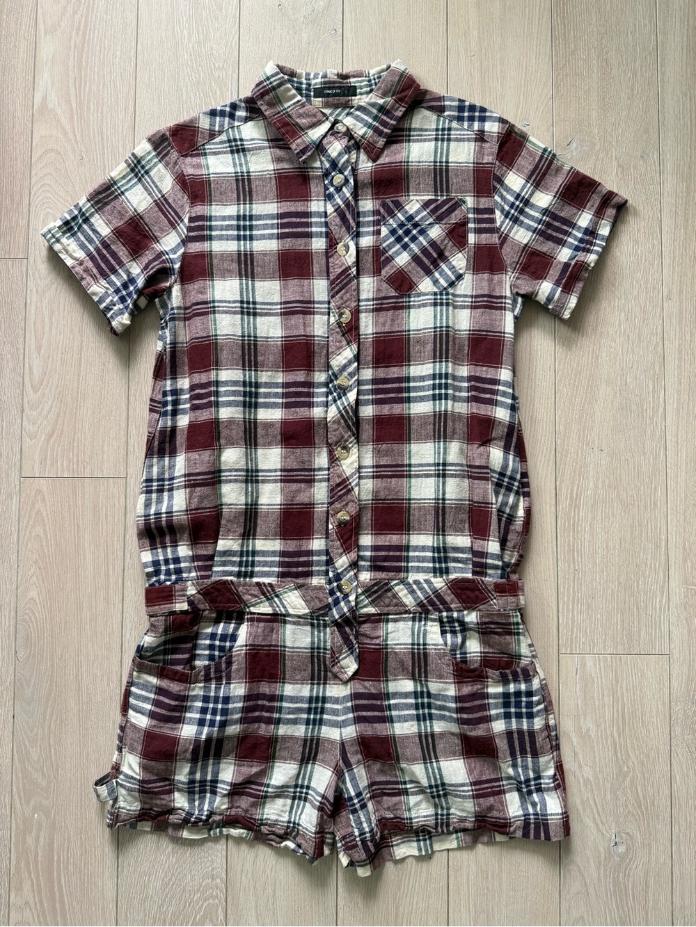 Comme Ca Ism Japanese Brand Plaid Button Down Romper Cotton Hemp